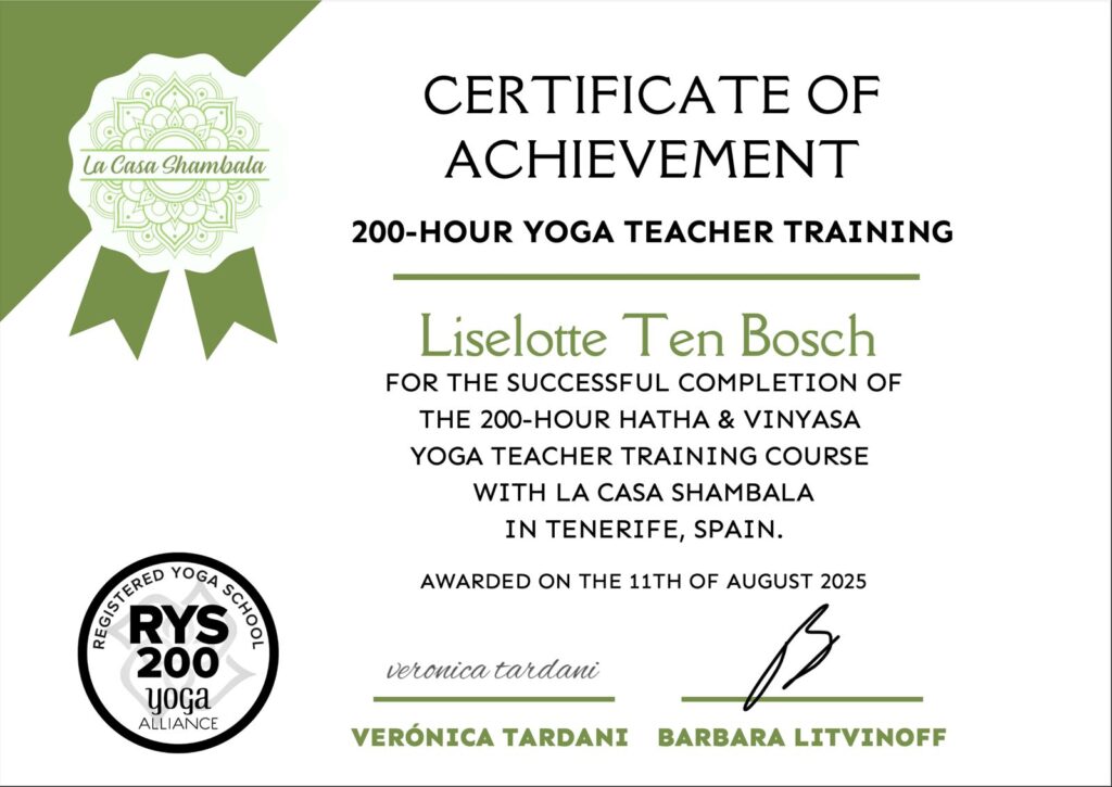 Certificaat yoga opleiding 200 uur